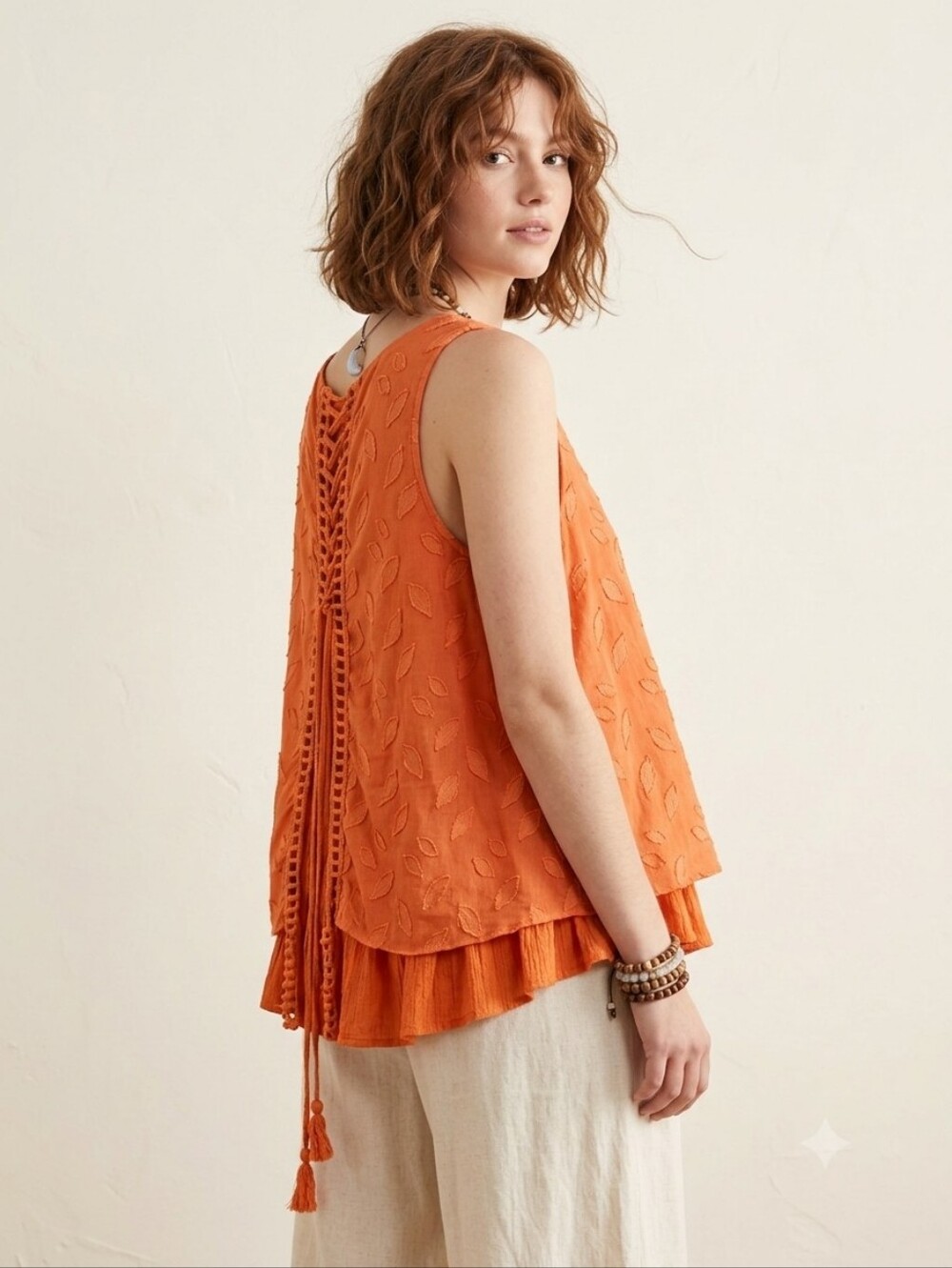 Le GRENIER Orange Sleeveless Blouse - Leaf Applique Lace Up Back Double Layers L